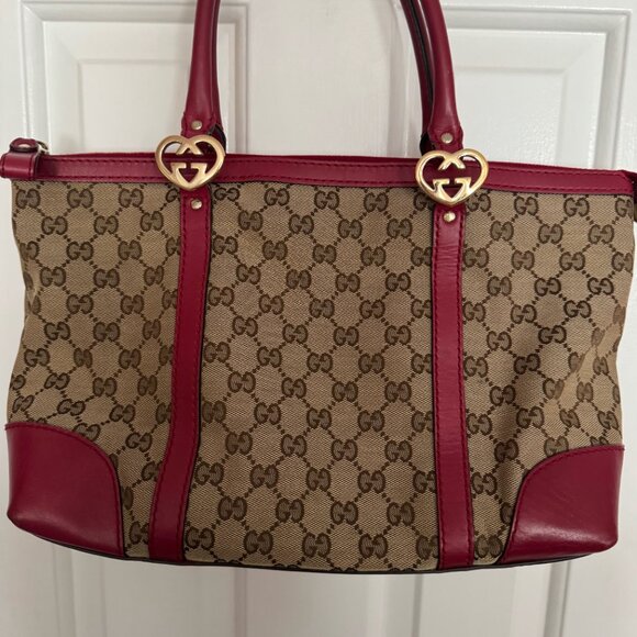 Gucci Handbags - Gucci GG Canvas Heart Tote, Leather Red Trim, Heart Champagne GH, Canvas